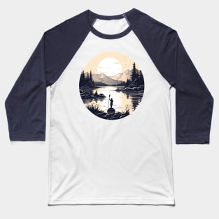 Peaceful Dawn Paddleboarding in Mountainous Lake Scene Baseball T-Shirt